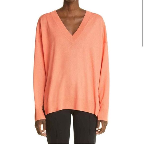 St. John Knits Womens Pink Orange Contrast Back Wool Vneck Sweater Size M - Picture 2 of 9